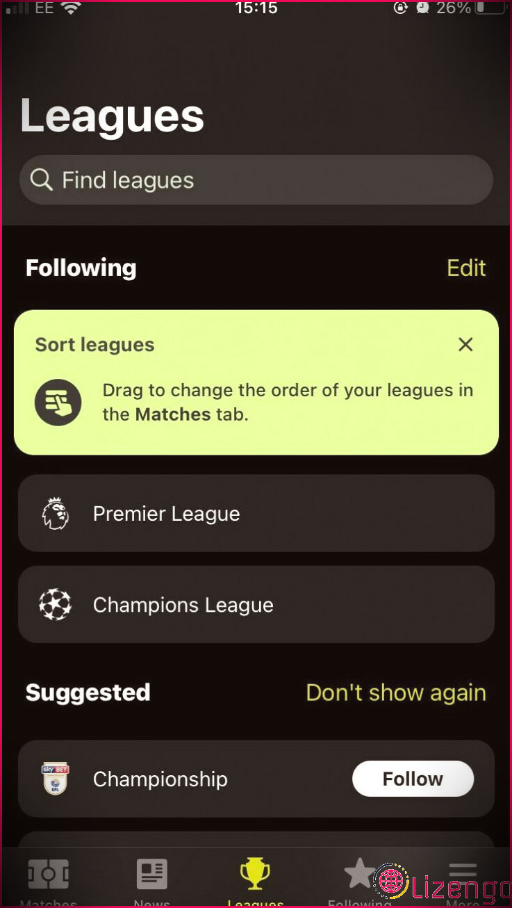 Une liste des ligues de football sur l'application iOS FotMob - Football Live Scores.
