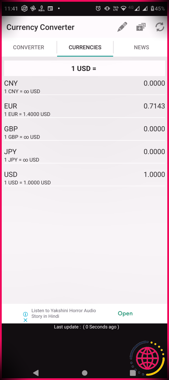 Taux de change de 1 USD dans l'application Convertisseur de devises 