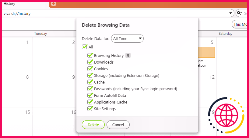 Capture d'écran de la fenêtre Effacer les données de navigation Vivaldi