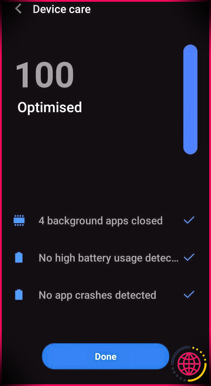 capture d'écran de l'écran d'optimisation de la batterie sur Samsung