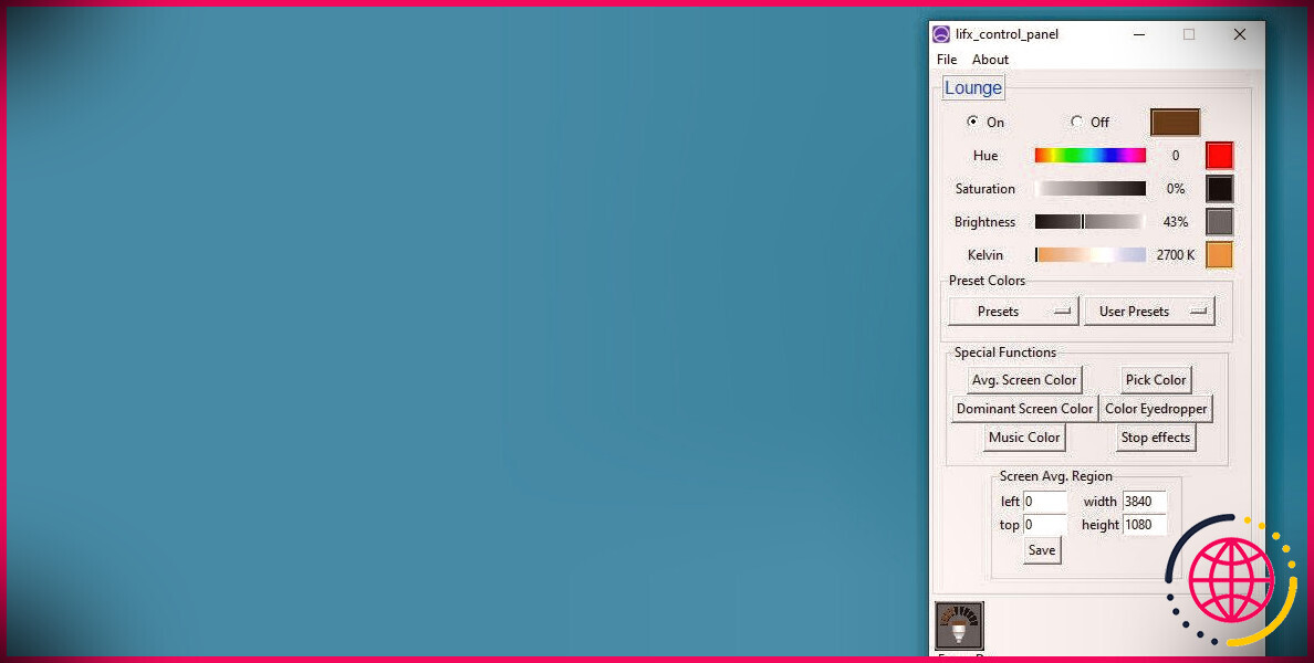capture d'écran de l'écran principal du panneau de configuration lifx