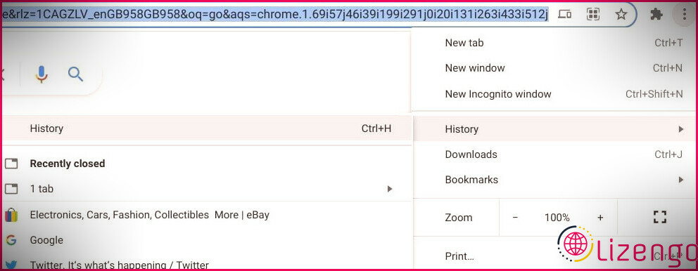 capture d'écran de l'onglet Historique dans le navigateur Chrome