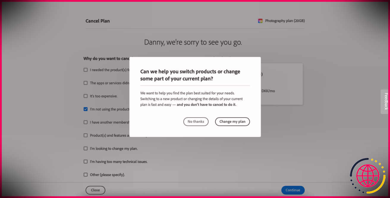 Capture d'écran demandant si un utilisateur souhaite modifier son forfait Adobe