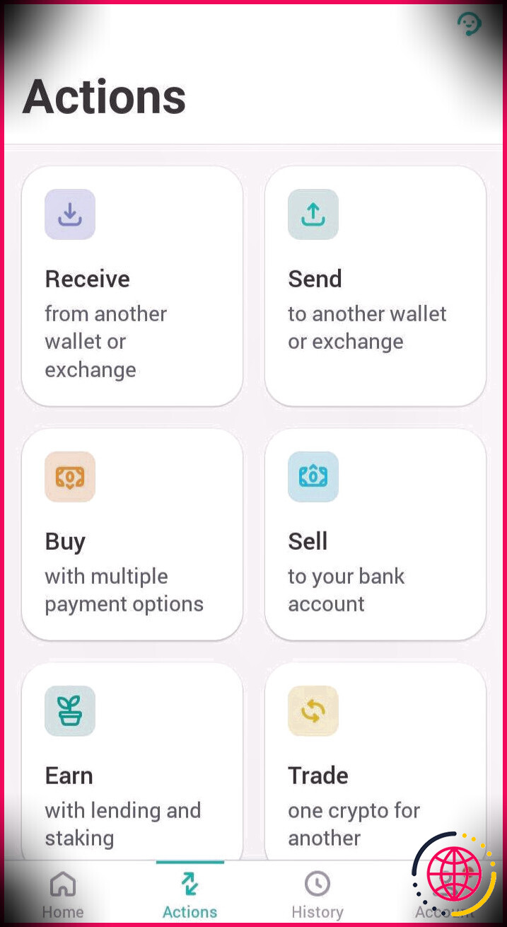 Capture d'écran des options de l'application Zengo