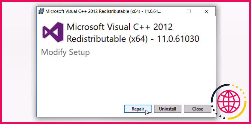 Cliquer sur le bouton de réparation d'un programme Visual C++