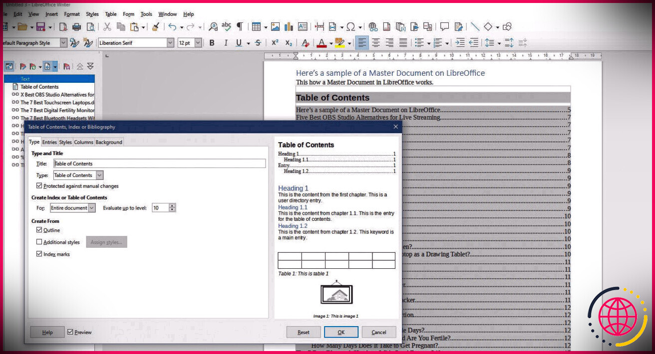 Comment ajouter un index dans LibreOffice Master Document