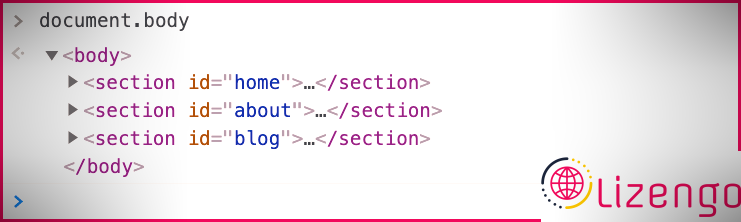 Console JavaScript affichant un exemple de nœud de corps de document