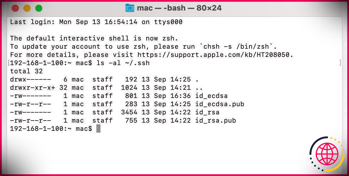 Fenêtre de terminal Mac avec liste de clés ssh-keygen.