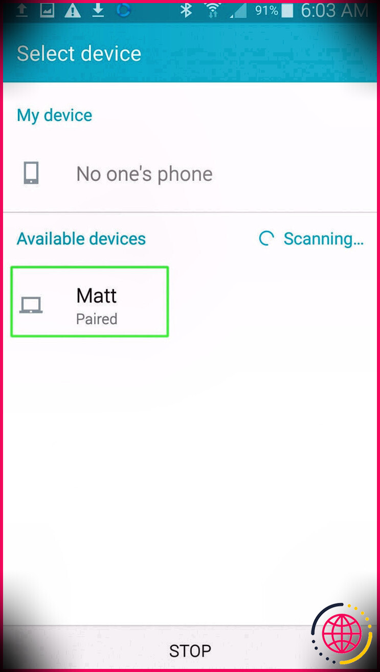 Fenêtre d'envoi Bluetooth Android avec l'appareil couplé en surbrillance.