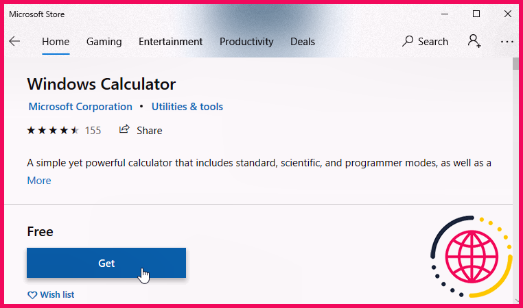 Installation de l'application de calculatrice via le Microsoft Store