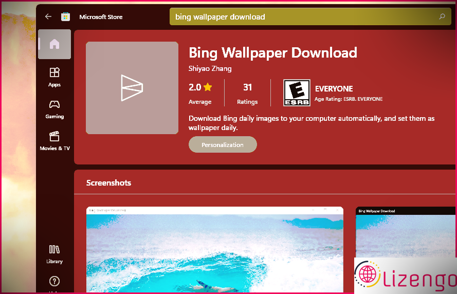 La page MS Store de l'application Bing Wallpaper Download