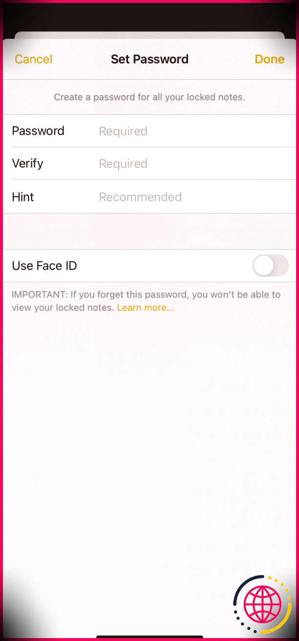 L'image montre la définition d'un mot de passe dans l'application Apple Notes