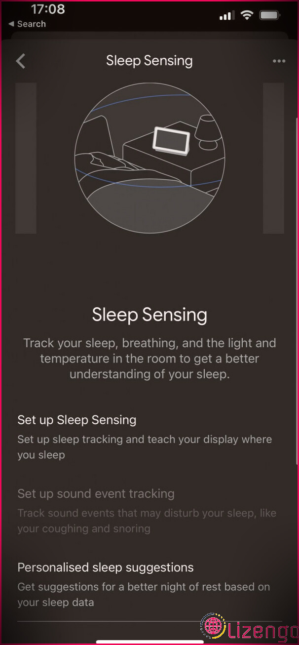 Menu de détection du sommeil de l'application Google Home