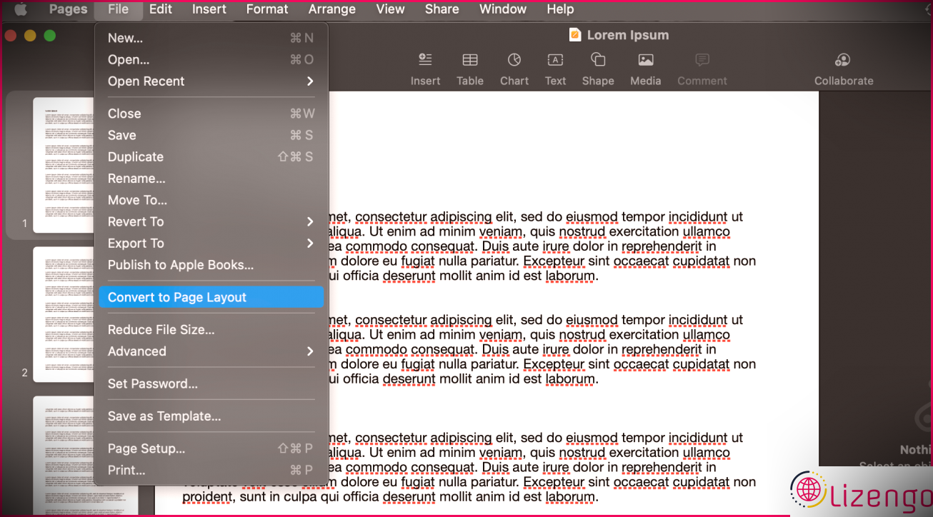 Menu Fichier ouvert dans Pages avec Convertir en mise en page en surbrillance