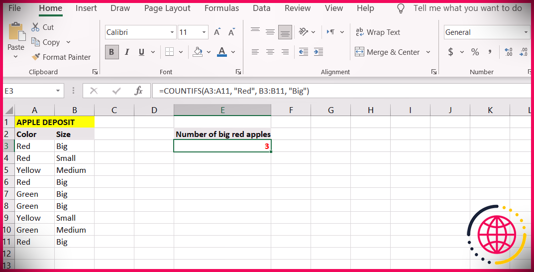 Résultats de l'exemple Excel COUNTIFS.