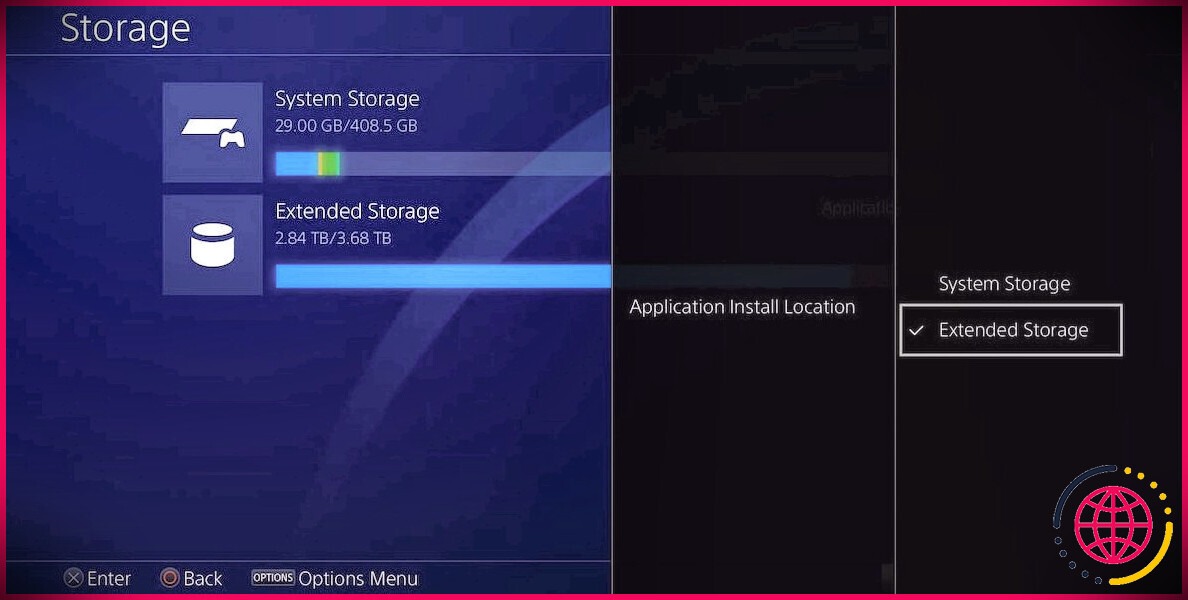Stockage étendu coché dans le menu Emplacement d'installation de l'application sur une PS4