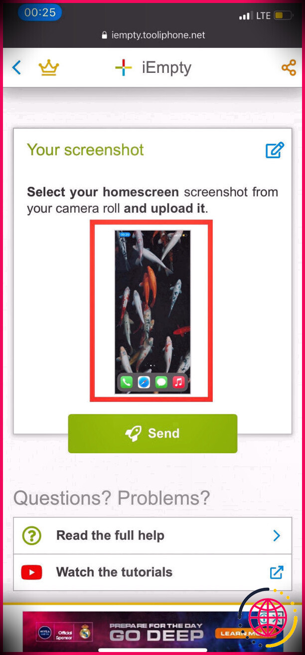Tableau de bord iEmpty affichant un aperçu de la capture d'écran de l'écran d'accueil de l'iPhone