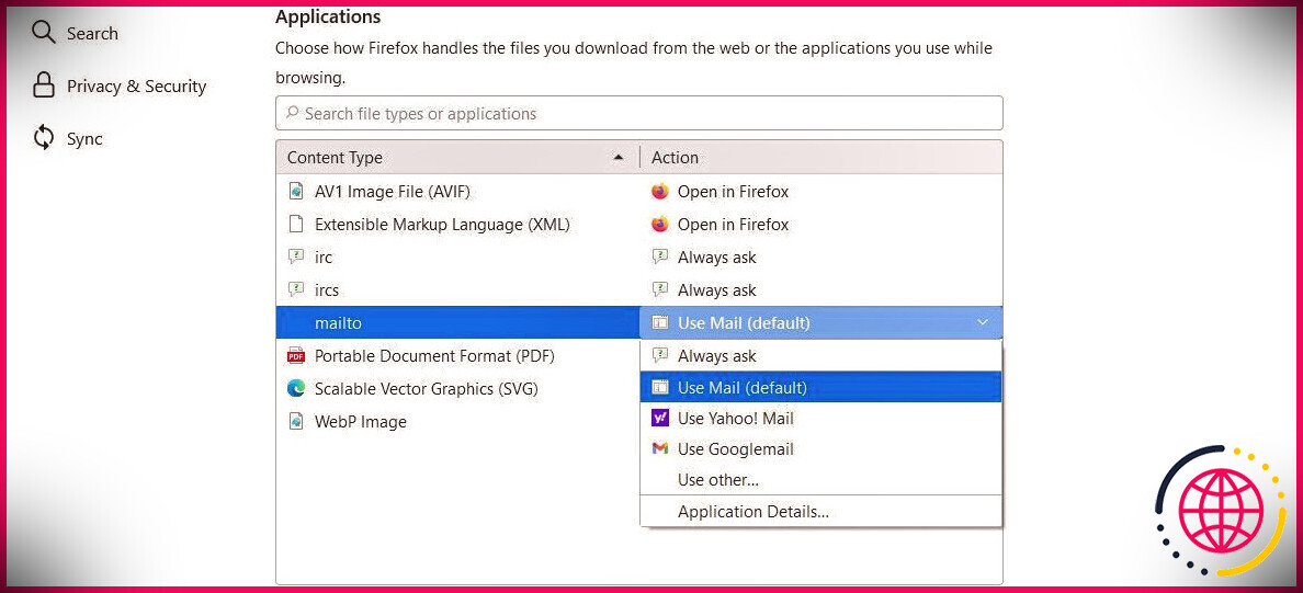 Type de contenu des applications Firefox Mailto
