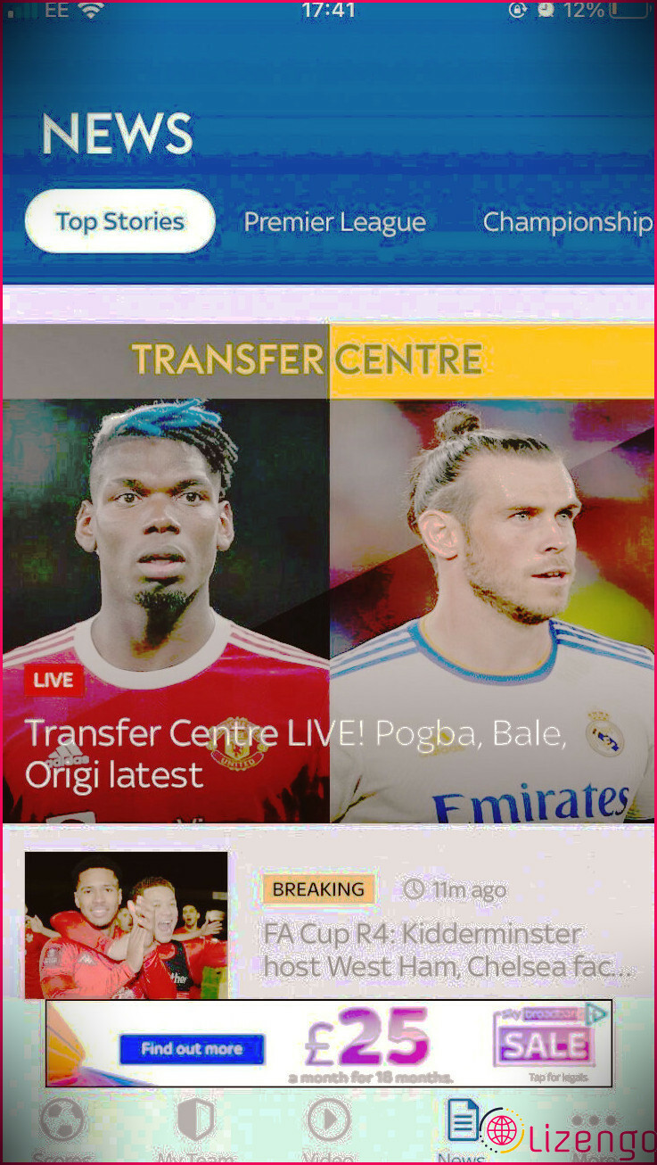 Un flux d'actualités sur le football sur l'application iOS de Sky Sports Scores.