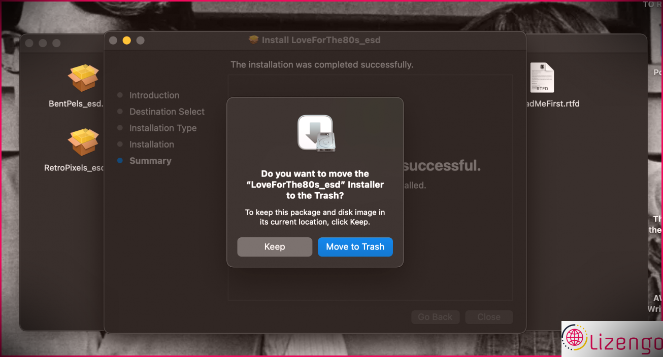 Un programme d'installation de package d'effets CatEye ouvert sur un Mac, demandant de mettre le programme d'installation terminé dans la corbeille