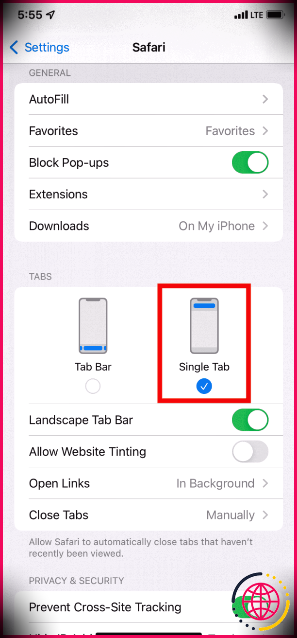 Appuyez sur Single Tab pour déplacer la barre d'adresse Safari vers le haut