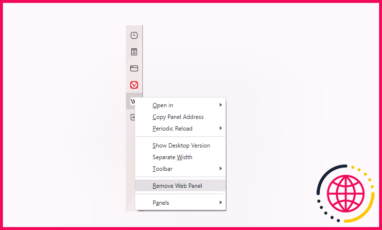 Capture d'écran montrant comment supprimer des panneaux Web dans vivaldi