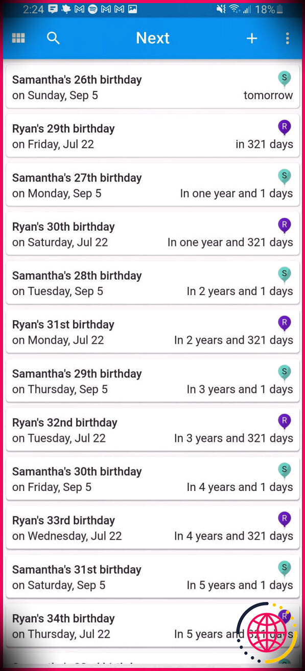 écran d'accueil de l'application de rappel de calendrier d'anniversaire