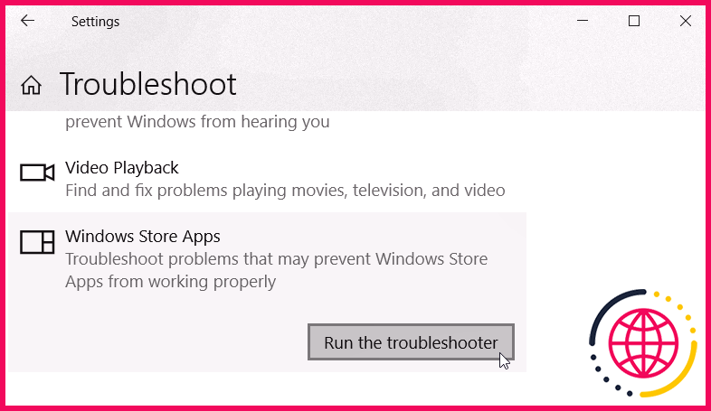 Exécution de l'outil de dépannage des applications du Windows Store