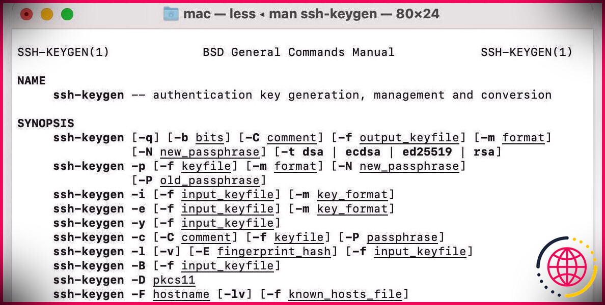Fenêtre de terminal Mac avec manuel ssh-keygen.