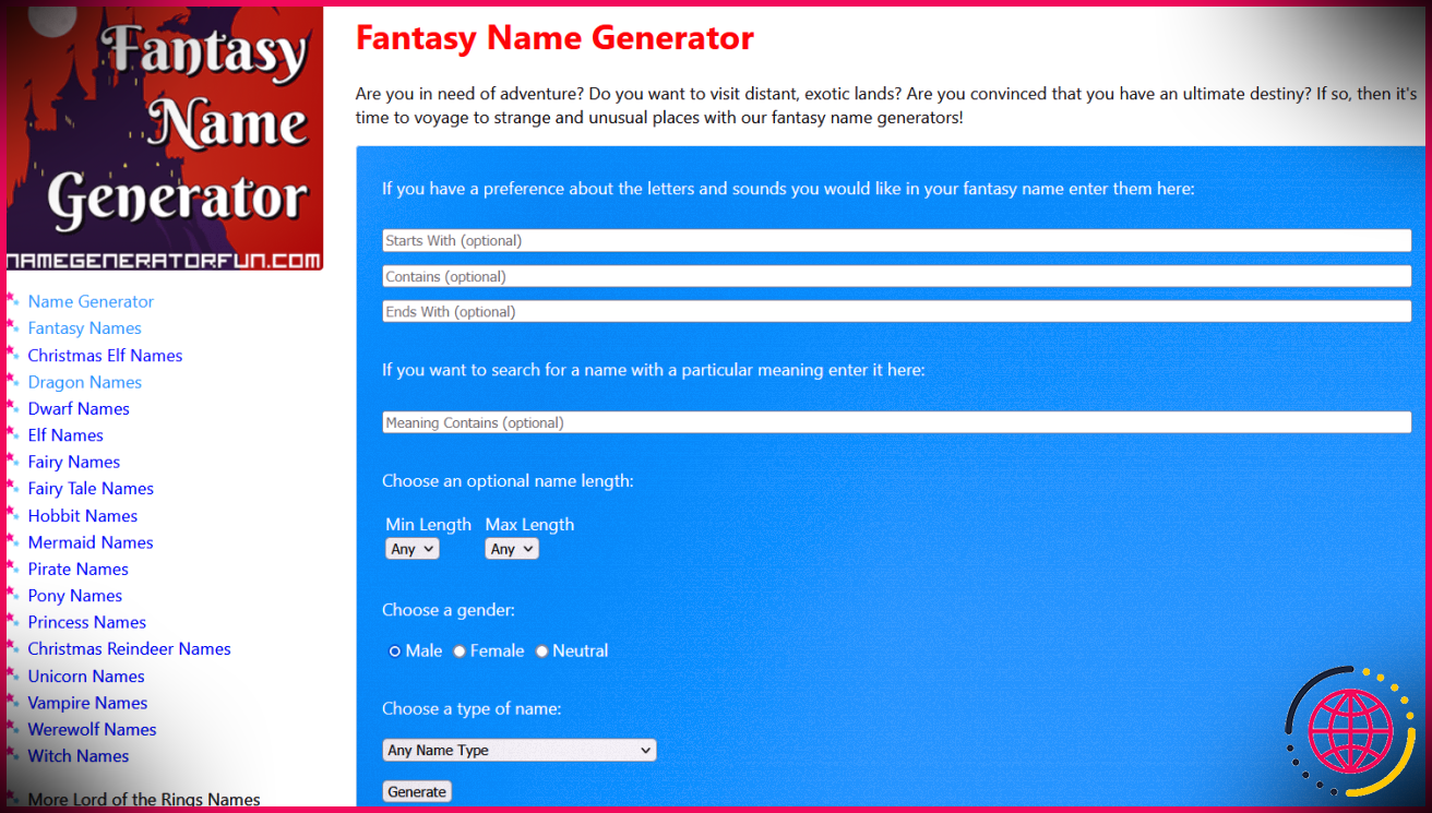 Générateur de noms Fun Fantasy Options de filtrage des catégories