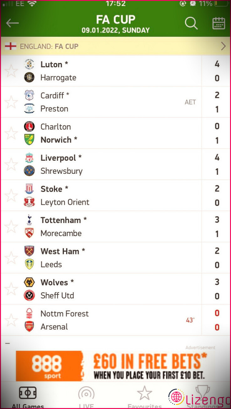 Image des matchs de la FA Cup sur FlashResultats - application iOS de scores en direct.
