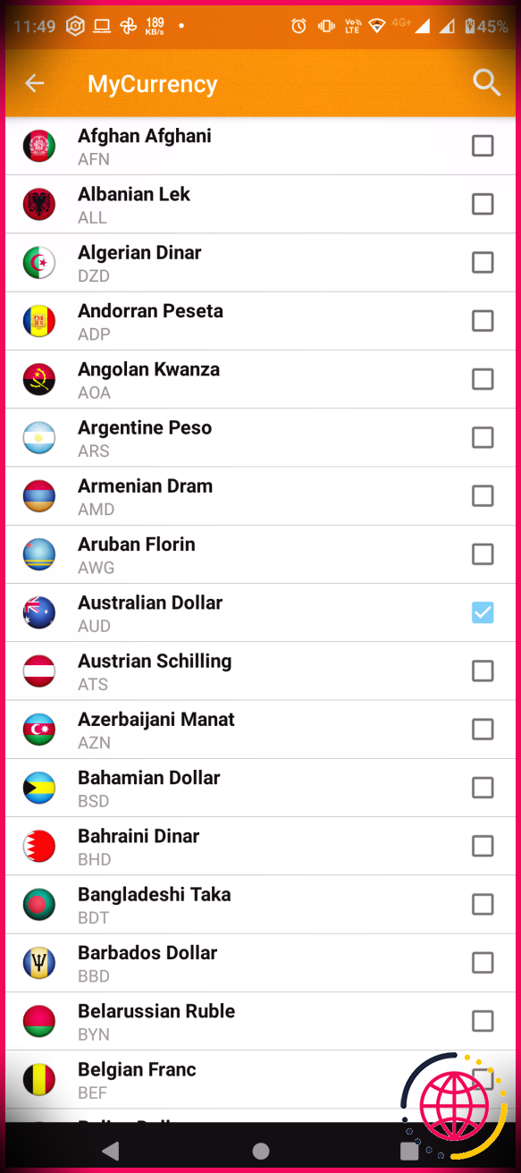 Plusieurs devises disponibles dans l'application toc heck conversion
