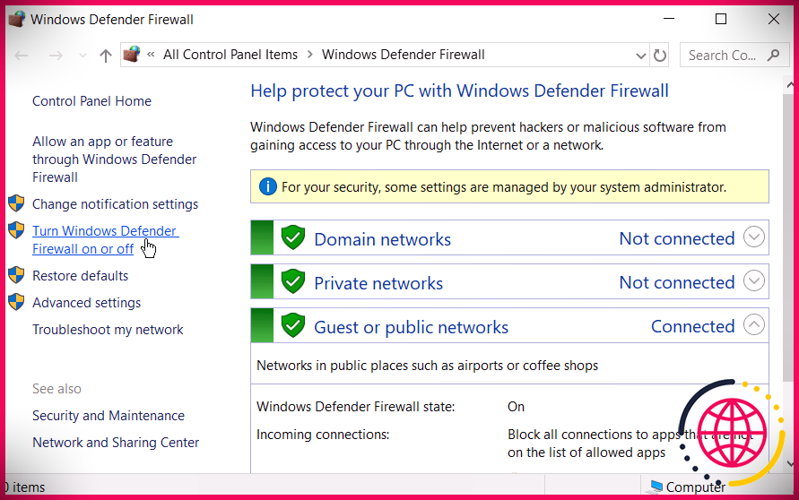 Sélection de l'option Activer ou désactiver le pare-feu Windows Defender