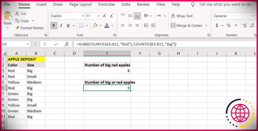 SUM et COUNTIF combinés dans Excel.