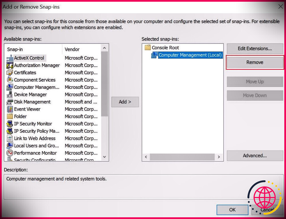 Supprimez le composant logiciel enfichable dans Microsoft Management Console (MMC).