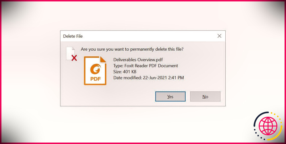 Supprimez un fichier à l'aide du raccourci clavier Windows Maj + Suppr.