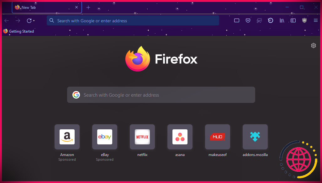 Une capture d'écran de Mozilla Firefox avec le thème Stars at Night activé