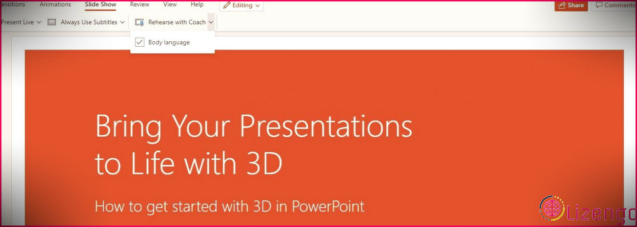 Une capture d'écran montrant comment démarrer les commentaires sur le langage corporel sur Microsoft PowerPoint Speaker Coach.