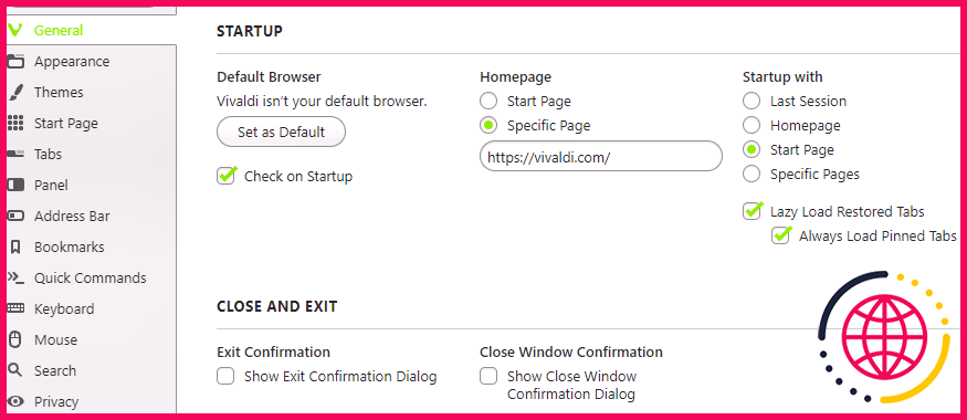 Capture d'écran de l'onglet Général de la page Paramètres Vivaldi