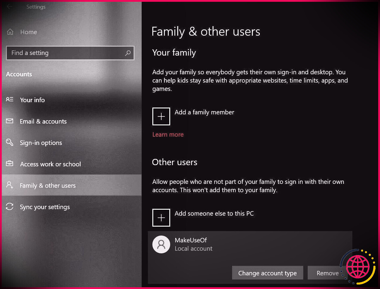 Changer le type de compte dans Windows 10