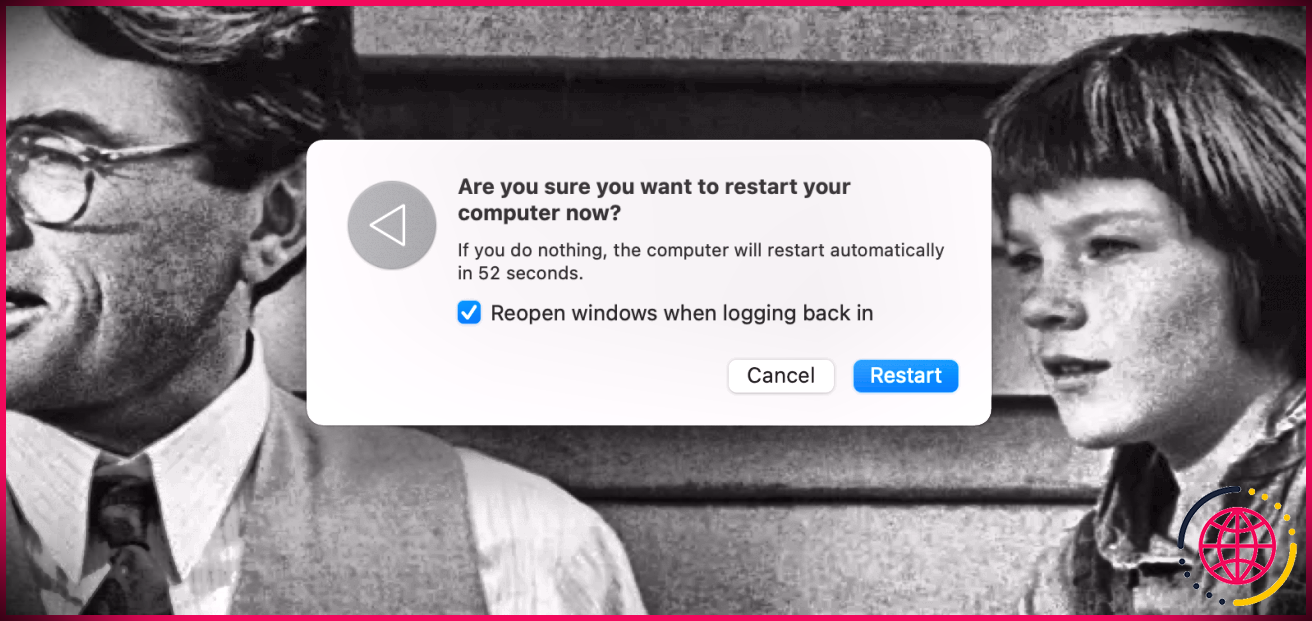 Fenêtre de redémarrage ouverte sur un MacBook Pro