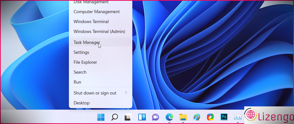 Menu de démarrage du gestionnaire des tâches de la barre des tâches de Windows 11