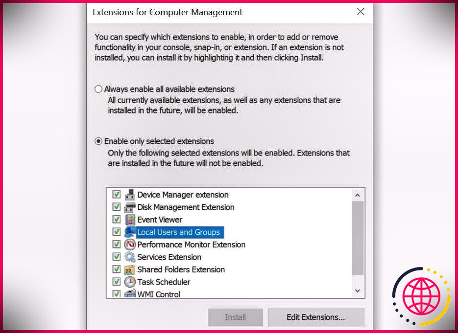Modification des extensions dans Microsoft Management Console (MMC).