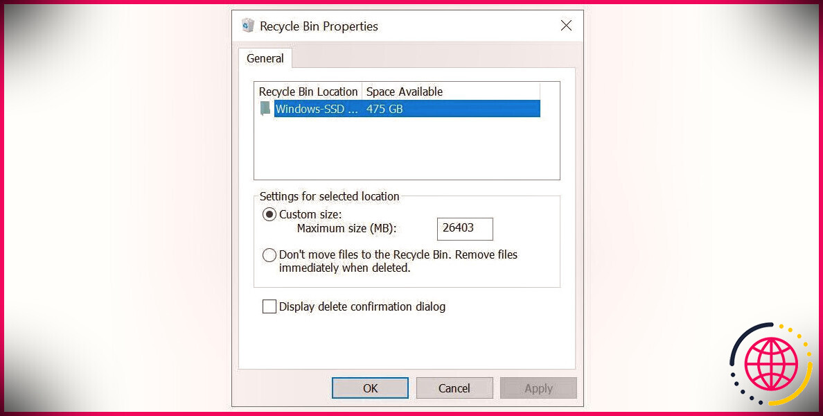 Modification des propriétés de la corbeille de Windows 10.