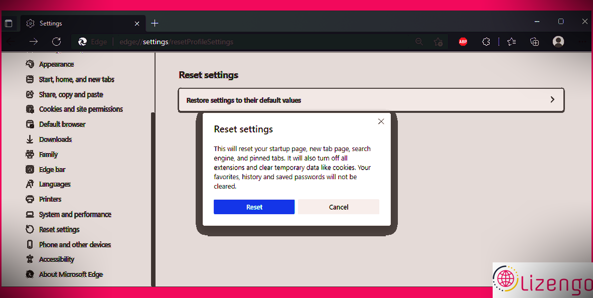 Réinitialisation de Microsoft Edge