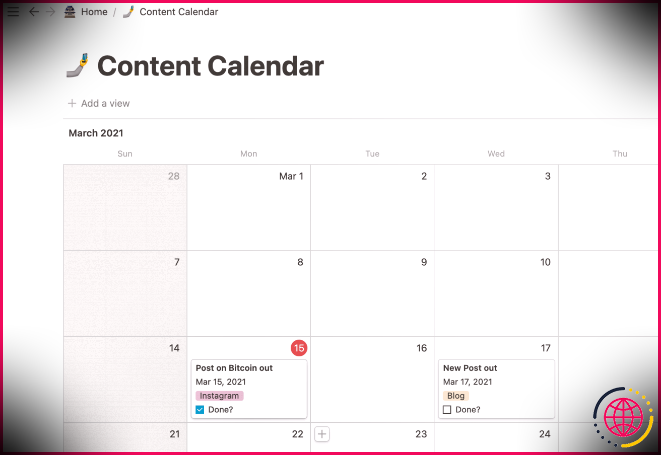 Un calendrier de contenu dans la vue calendrier de Notion