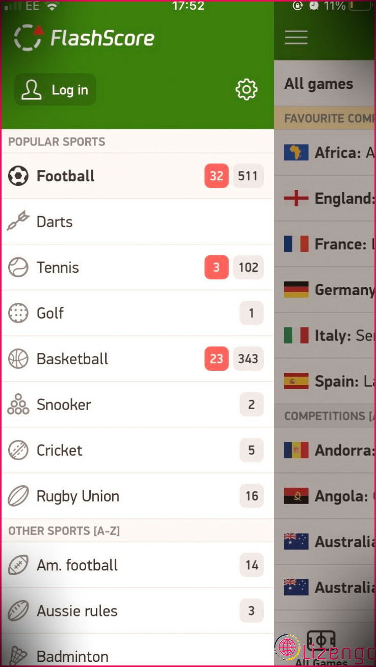 Un menu de différents sports sur FlashResultats - application iOS de scores en direct.