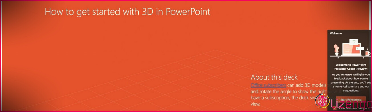 Une capture d'écran montrant l'écran de démarrage de Microsoft PowerPoint Speaker Coach