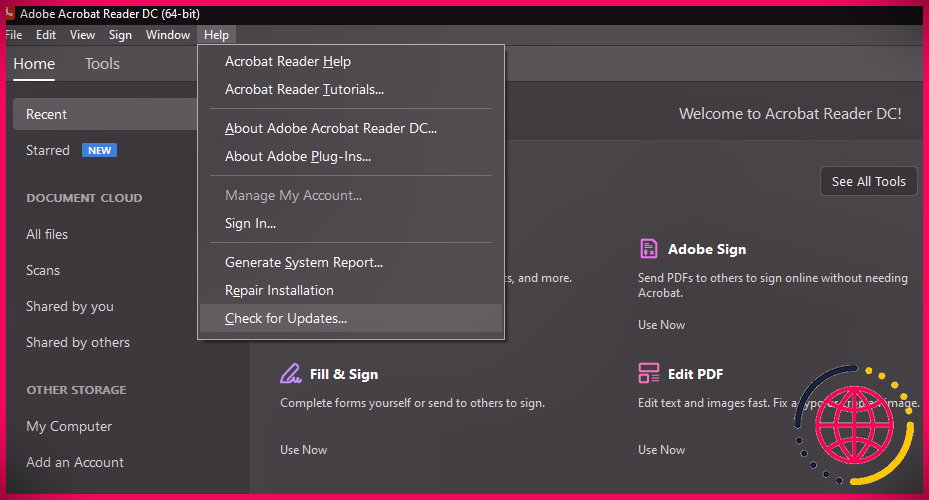 Vérifier les mises à jour dans Adobe Acrobat Reader DC