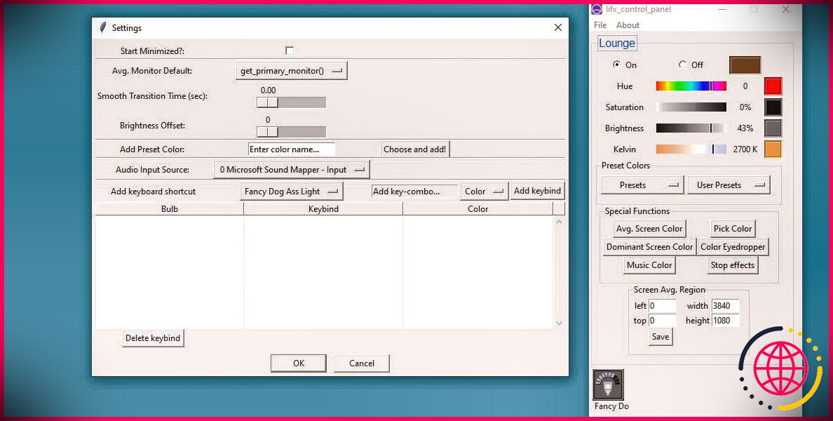 capture d'écran du menu des paramètres du panneau de configuration lifx